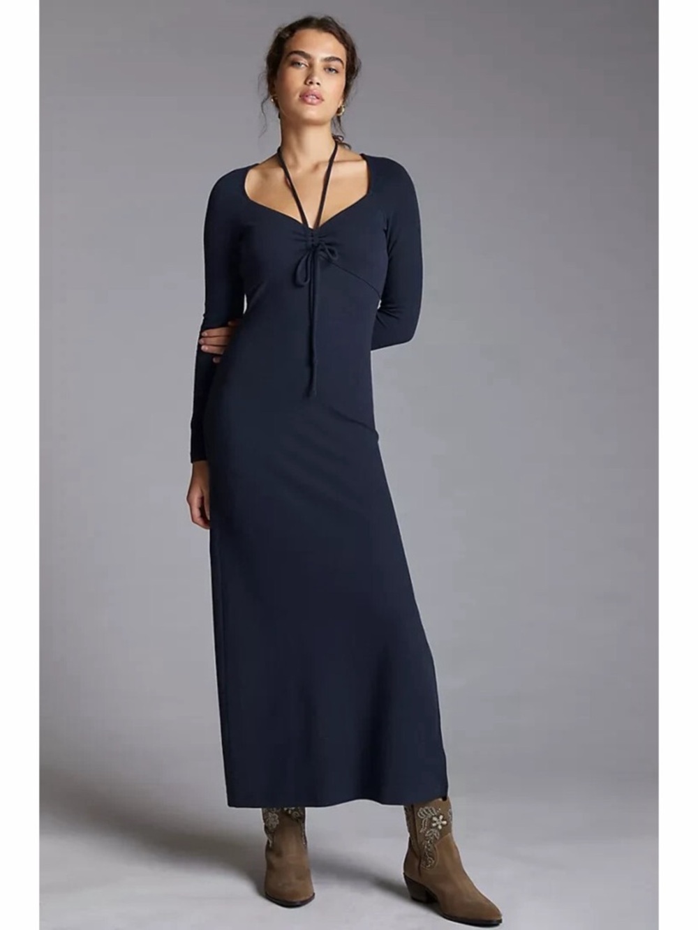 Anthropologie Tie-Front Charcoal Gray Side Slit Long Sleeve Midi Dress